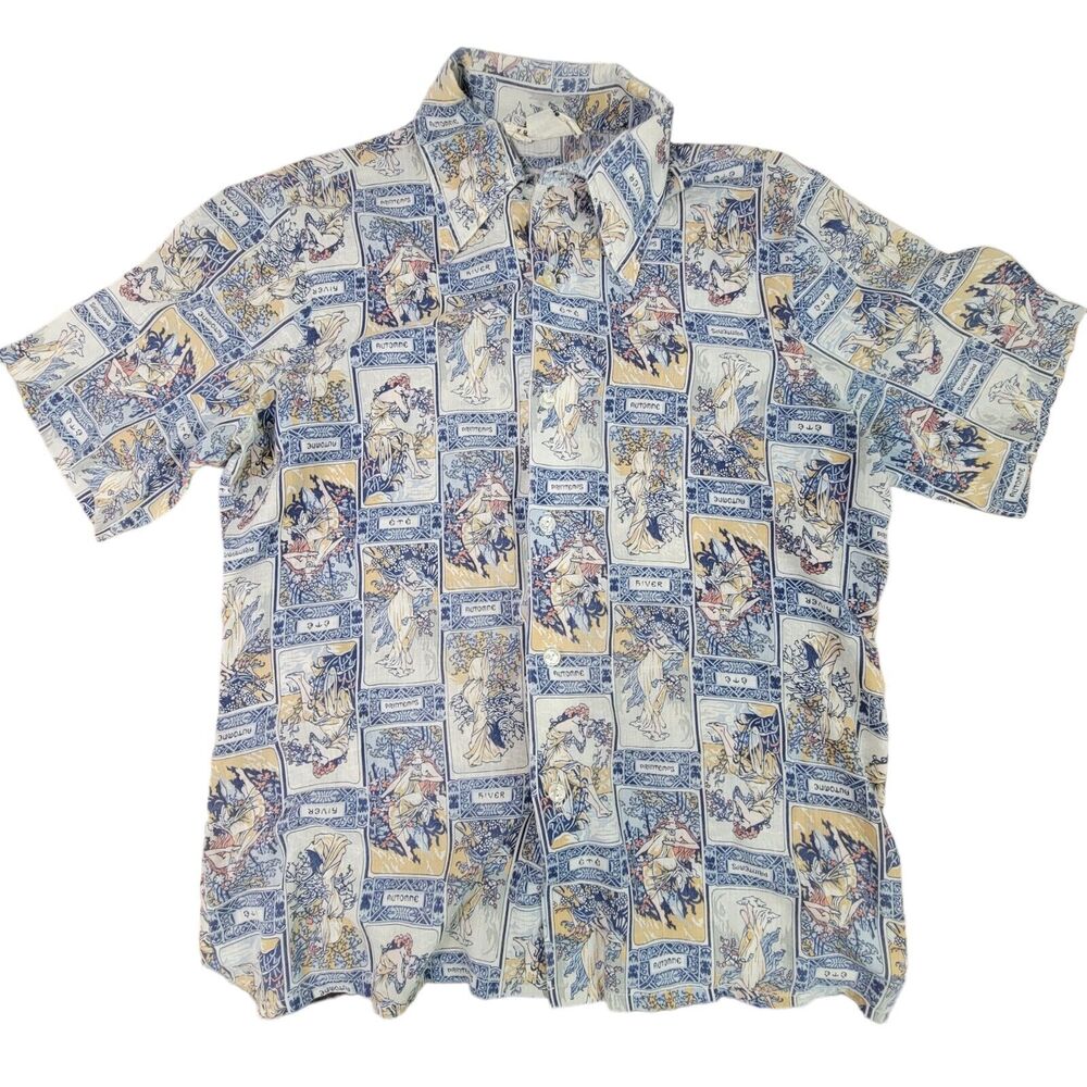 Vtg Colorful Alphonse Mucha Art Deco Print Medium Mens Button Front Tarot Shirt